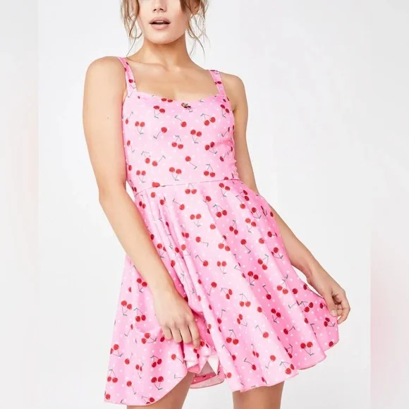 Sugar Thrillz Cherry Munroe Mini Dress Pink Cherry Print BNWT Small Dollskill - Picture 7 of 10